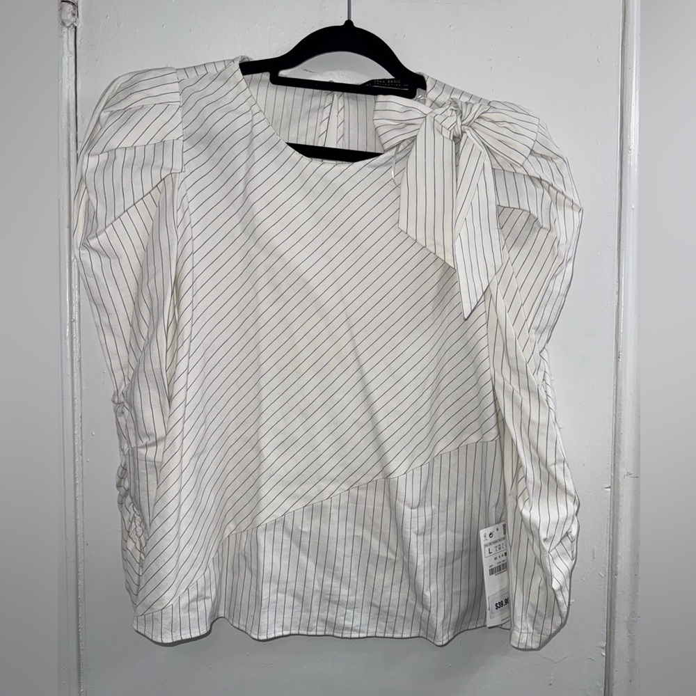 Zara White Striped Shirt with Bow Puff Sleeves size L NWT - Picture 4 of 10
